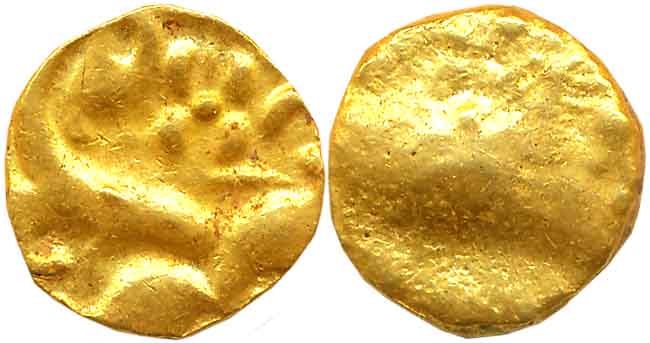 Chalukyas of Kalyana, Gold Varaha, 3.99g, Obv: Temple/ Chariot, Rev: Floral motif (Mitch# 