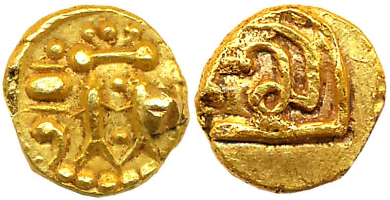The Alupas, Gold Fanam, 0.36g, Obv: Vertical two Fishes the royal parasol above, the Lotus