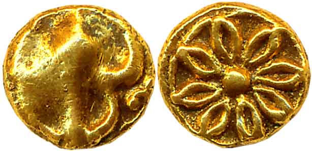 Shilaharas of Karad - Wai/ Karhad region, Gold Fanam, 0.52g, Obv: Trident, Rev: Eight peta