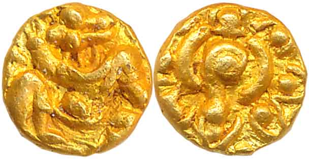 Kadambas of Hangal, Gold Heavy Fanam, 0.51g, Obv: Lord Hanuman Seated facing right, Rev: C