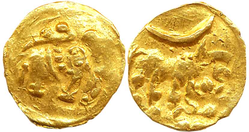 Hoysalas of Dwarasamudra, Gold Fanam, 0.39g, Obv: Lion to right crescent above, Rev: A cap