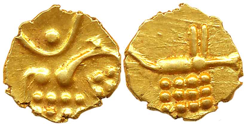 Hoysalas of Dwarasamudra, Gold Fanam, 0.38g, Obv: Lion to right crescent above, Rev: Boar 