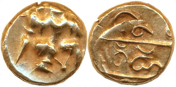 Vijaynagar Empire, Harihara I, Gold Varaha, 3.37g, Obv: Hanuman to right with knees slight