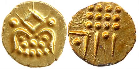 Venad, Kaliyanpanan, Gold Fanam, 0.37g, The lines and dots on the Kalipanam are fancifully