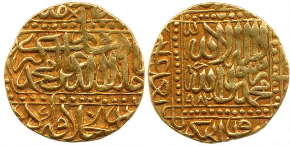 Akbar, Gold Mohur, 10.86g, “Kalima” type, Dar ul Khilafat Agra Mint, AH 982, Obv: Legend w