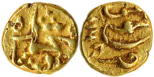 Muhammad Shah, Gold Pagoda, 2.64g, Guti Mint, AH 1161 (KM# E440.2). Very fine+, very rare.