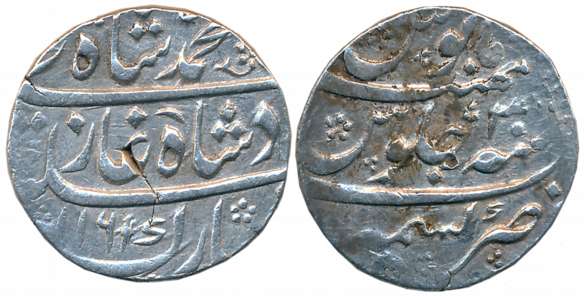 Muhammad Shah, Silver Rupee, 11.35g, Kashmir Mint, AH1161, RY 30 KM# 436.36). Very fine, r