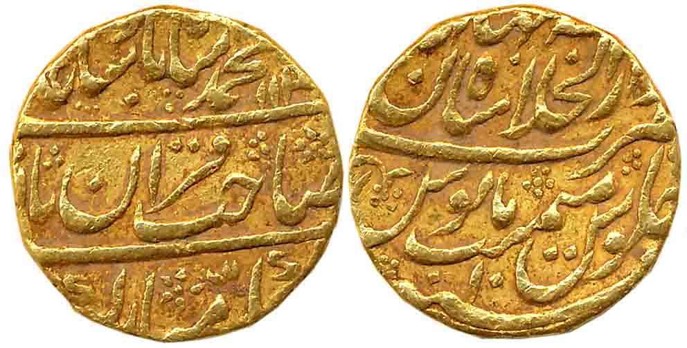 Muhammad Shah, Gold Mohur, 10.90g, Dar ul Khilafat Shahjahanbad Mint, AH 113X (KM# 438.22)