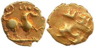 Gold Sarabhu Fanam, 0.36g, Obv: Horse Galloping to right, Rev: Devnagari legend “Sri Sarbh