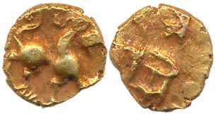 Gold Sarabhu Fanam, 0.37g, Obv: Horse Galloping to right, Rev: Devnagari legend “Sri Sarbh