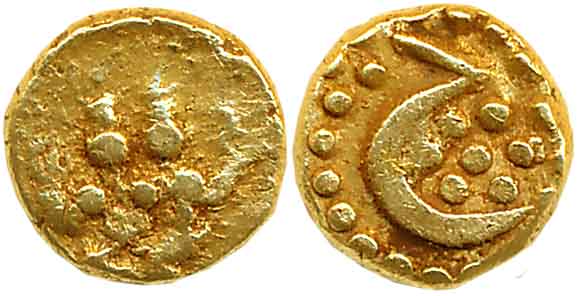 Hyder Ali, Gold Fanam, 0.38g, Obv: Lord Shiva Parvati, Rev: Persian letter “He” for Hyder 