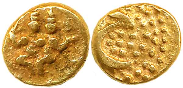 Hyder Ali, Gold Fanam, 0.34g, Obv: Lord Shiva Parvati, Rev: Persian letter “He” for Hyder 