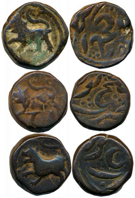 Copper Paisa (3), 11.75g, 11.75g, 11.31g, Tiger to left (KM# C# 10A). Extremely fine. 3 co