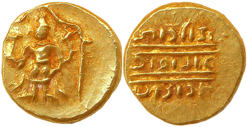 Gold 1/2 Pagoda, 1.74g, Pulicat Mint, Obv: Lord Venkateshwara, standing within a decorated