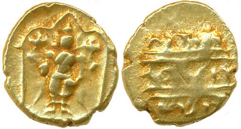 Gold 1/2 Pagoda, 1.73g, Pulicat Mint, Obv: Lord Venkateshwara, standing within a decorated