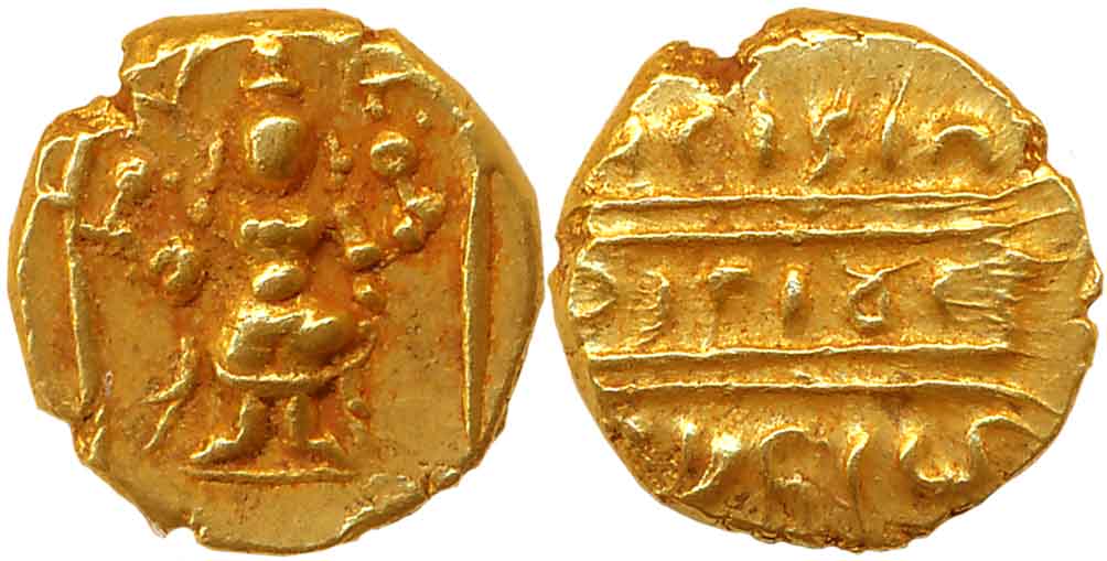 Gold 1/2 Pagoda, 1.71g, Pulicat Mint, Obv: Lord Venkateshwara, standing within a decorated