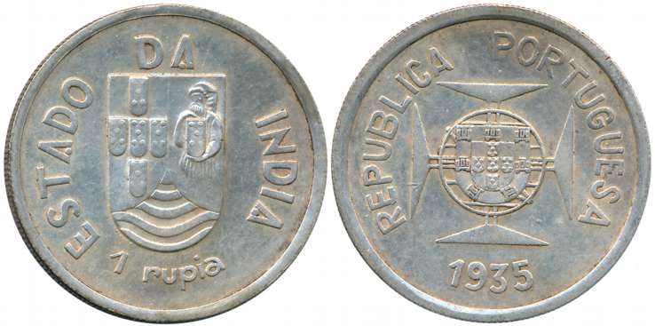 Silver Rupia, 1935, Obv: Shileld on lined circle at centre of Maltese cross, Rev: Divided 