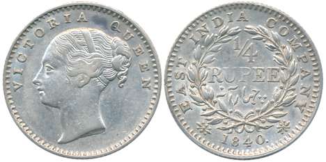 Victoria Queen, Silver 1/4 Rupee, Continuous Legend, 1840, Calcutta Mint, Crescent in reli