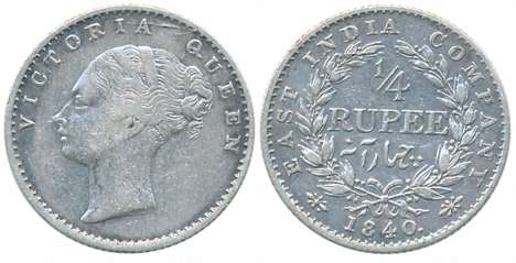 Victoria Queen, Silver 1/4 Rupee, Continuous Legend, 1840, Calcutta Mint, Crescent in reli