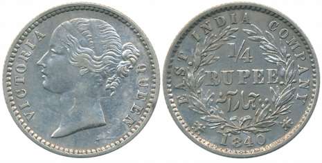 Victoria Queen, Silver 1/4 Rupee, Divided legend, 1840, Calcutta/ Bombay Mint, W.W. raised