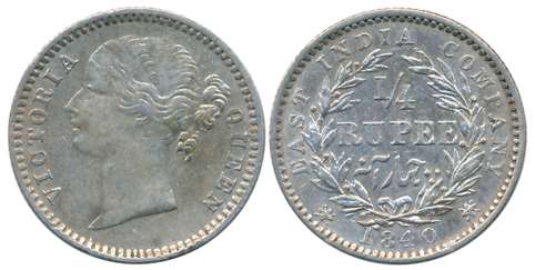 Victoria Queen, Silver 1/4 Rupee, Divided legend, 1840, Madras Mint, W.W. raised (Prid# 11