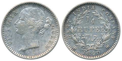 Victoria Queen, Silver 1/4 Rupee, Divided legend, 1840, Madras Mint, W.W.B. raised (Prid# 