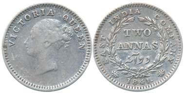 Victoria Queen, Silver 2 Anna, Continuous Legend, 1841, Madras Mint, S incused, Hanging ha