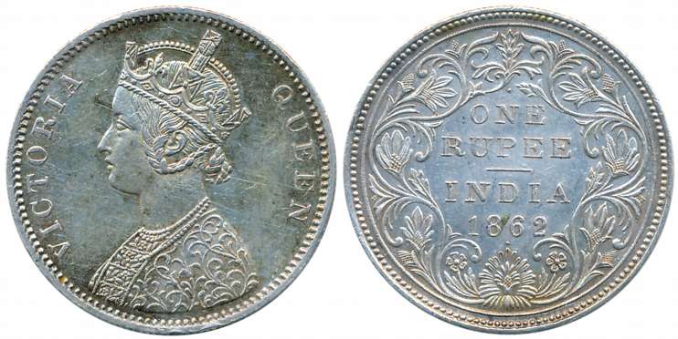 Victoria Queen, Silver Rupee, 1862, Bombay Mint, I/I dot. Very fine+.