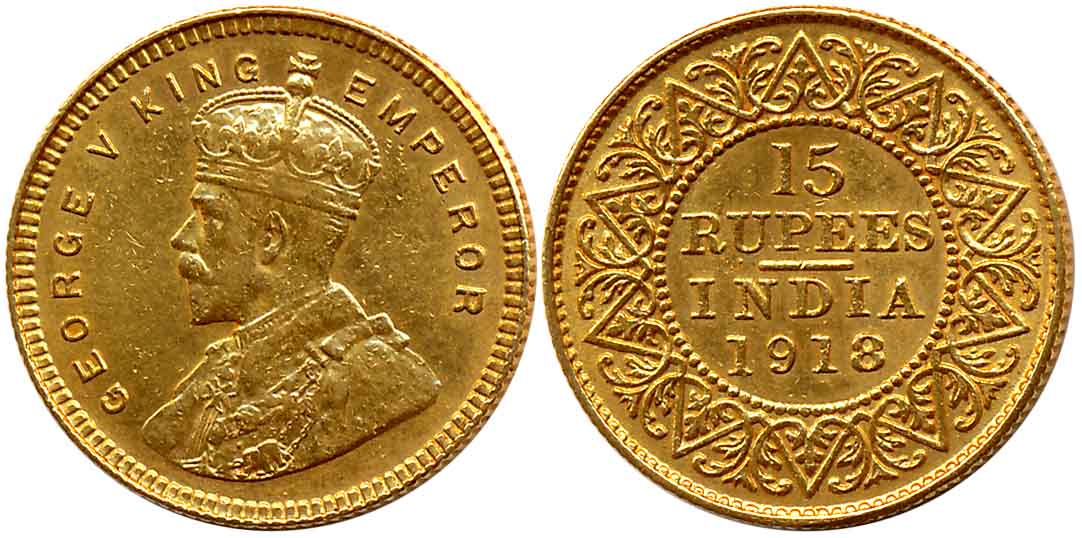 George V, Gold 15 Rupees, 7.98g, 1918, Bombay Mint, Obv: Crowned & robed bust to left, “B.