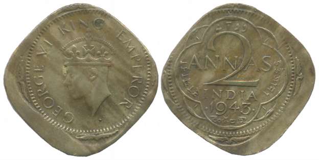 George VI, Nickle Brass 2 Anna, Error- Die shifted, 1943. Very fine, scarce.