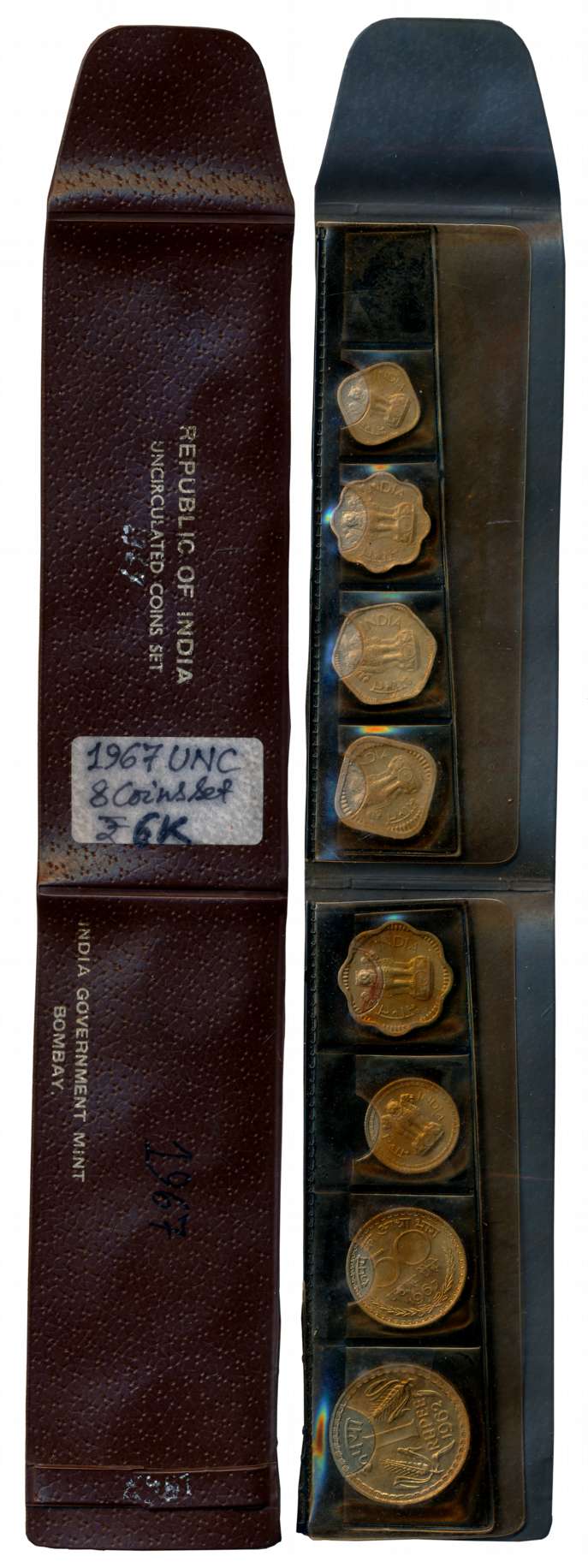 1967, Uncirculated strip of regular issue, set of 8 coins, Bombay Mint, Rupee 1 (1962), Pa