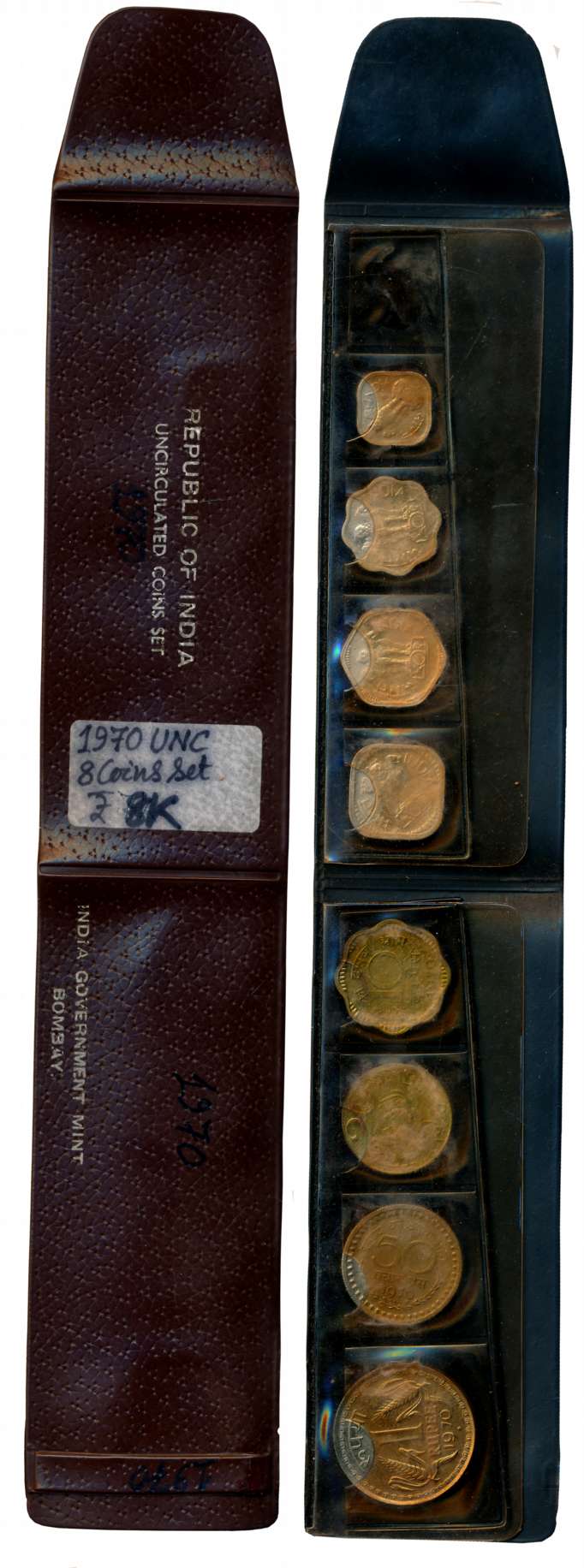 1970, Uncirculated strip of regular issue, set of 8 coins, Bombay Mint, Rupee 1, Paise 50,