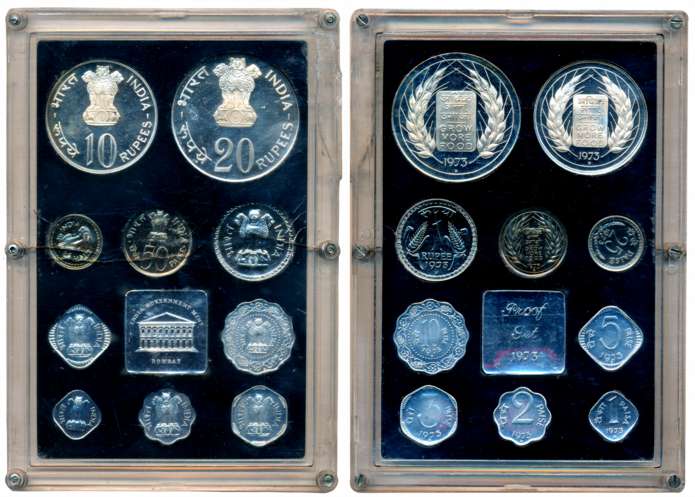 1973, Proof set of 10 coins, “Grow More Food”, Bombay Mint, Rupees 20, 10 & Paisa 50, 25, 