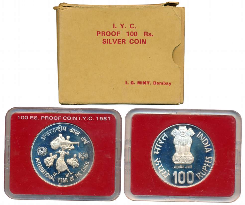 1981, Single Proof Coin Set, “International Year of the Child”, Bombay Mint, Rupees 100 (R