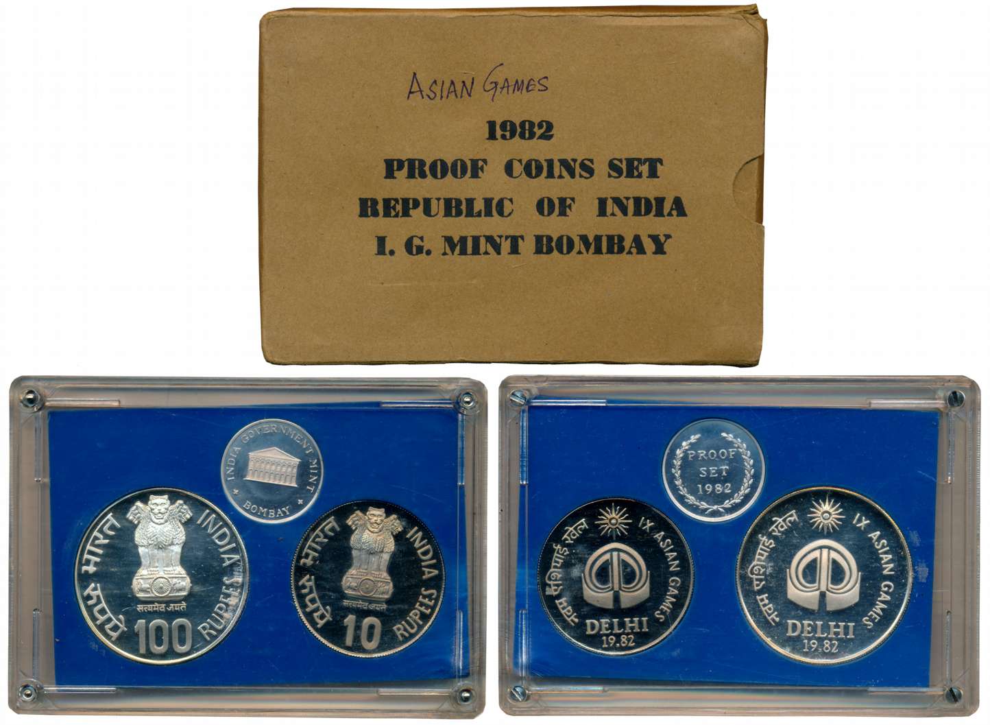 1982, Proof set of 2 coins, “IX Asian Games”, Bombay Mint, Rupees 100 and 10 (RB# 92). In 