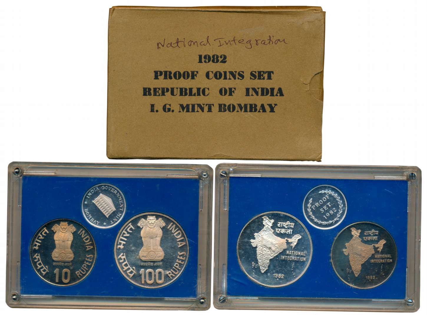 1982, Proof set of 2 coins, “National Integration”, Bombay Mint, Rupees 100 and 10 (RB# 10