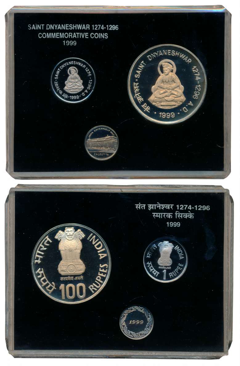 1999, Proof set of 2, “Saint Dnyaneshwar”, Kolkata Mint, Rupees 100 & 1, with mint emblem 