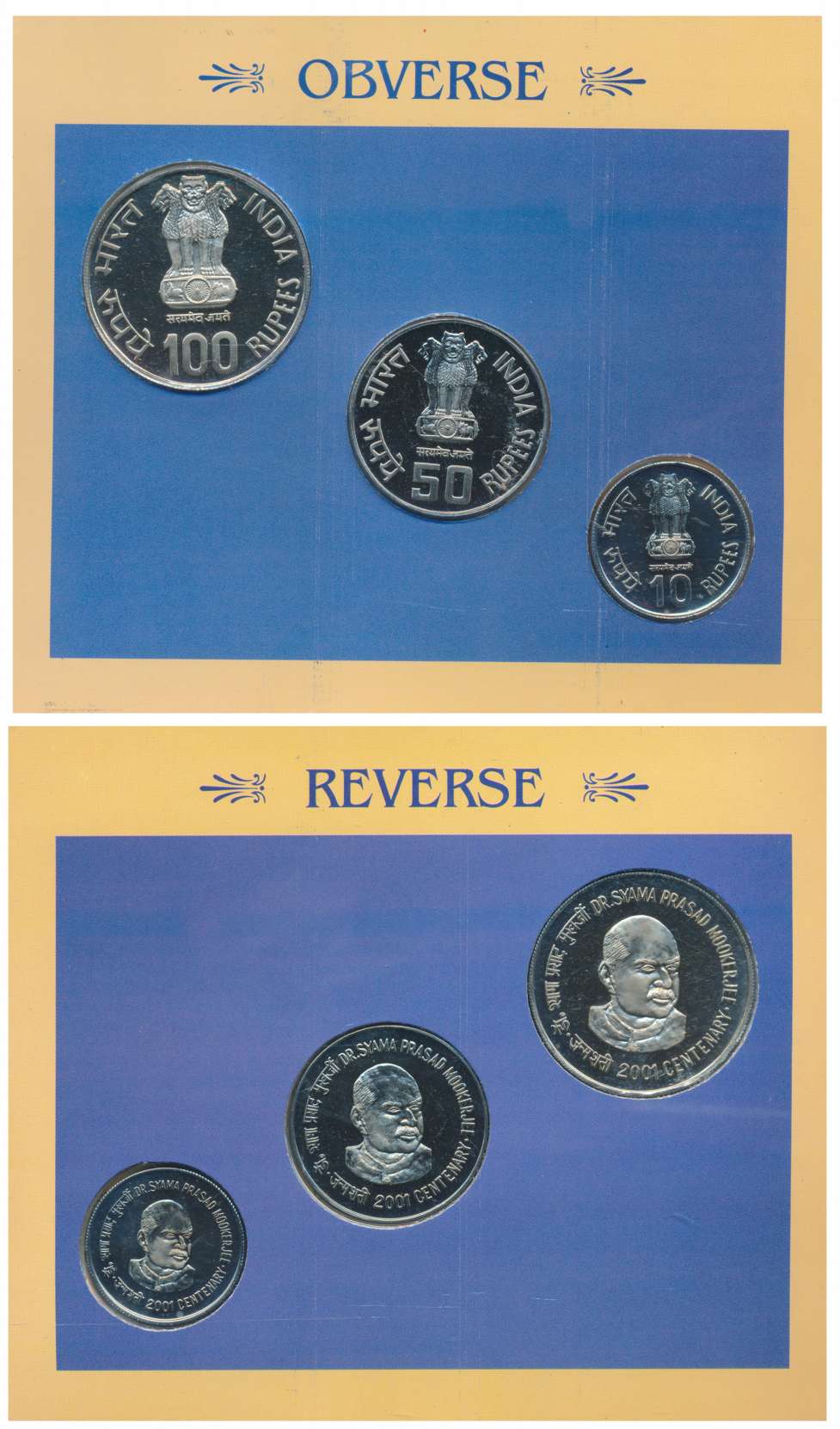 2001 Uncirculated Set of 3, “Dr. Shyama Prasad Mookerjee Centenary”, Kolkata Mint, Rupees 