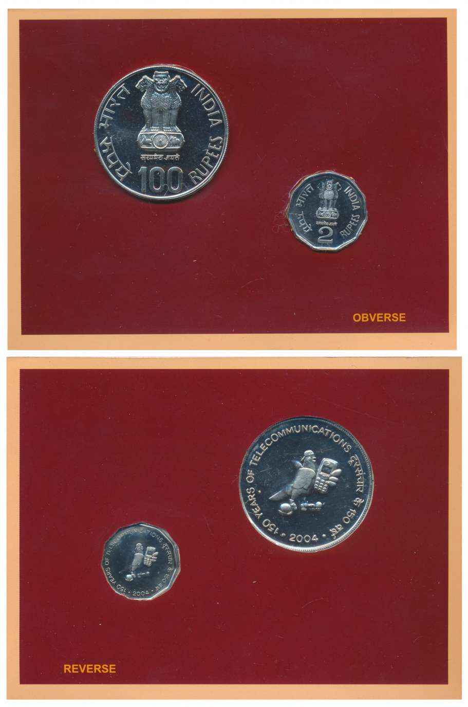 2004, Uncirculated Set of 2, “150 Years of Telecommunications”, Kolkata Mint, Rupees 100 &
