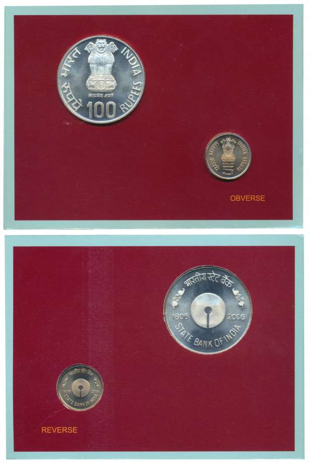 2006, Proof Set of 2, “200 Years of State Bank of India”, Kolkata Mint, Rupees 100 & 5 (RB