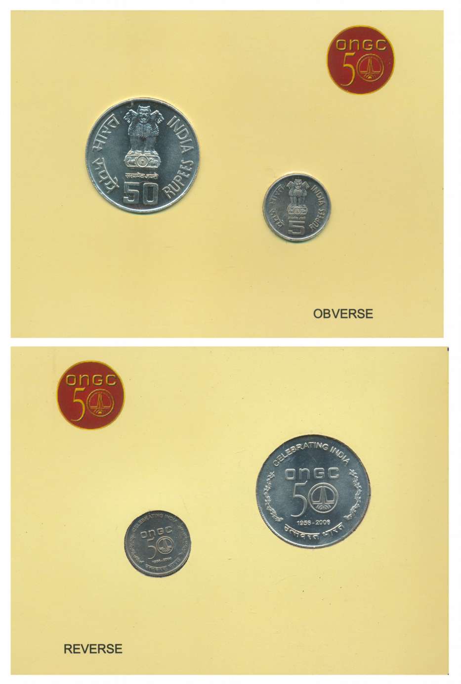 2006, Uncirculated Set of 2, “50 Years of ONGC”, Kolkata Mint, Rupees 50 & 5 (RB# 308). In