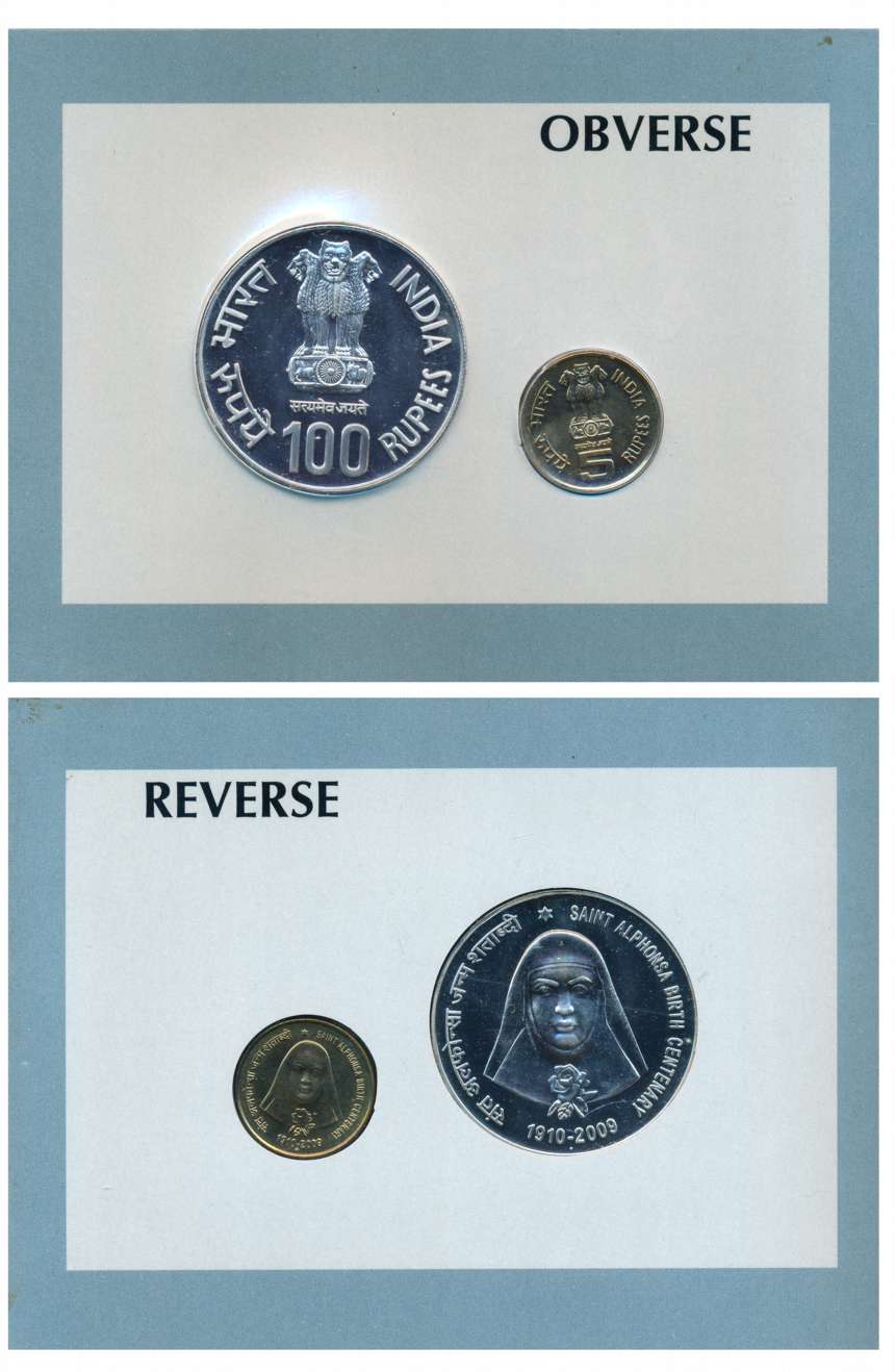 2009, Uncirculated Set of 2, “Saint Alphonsa Birth Centenary” Mumbai Mint, Rupees 100 & 5 