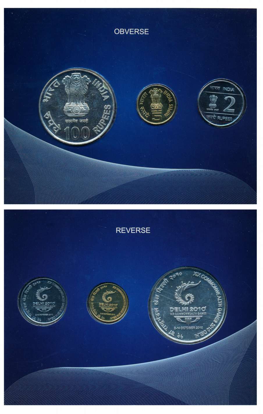 2010 Uncirculated Set of 3, “XIX Commonwealth Games 2010 Delhi”, Kolkata Mint, Rupees 100,