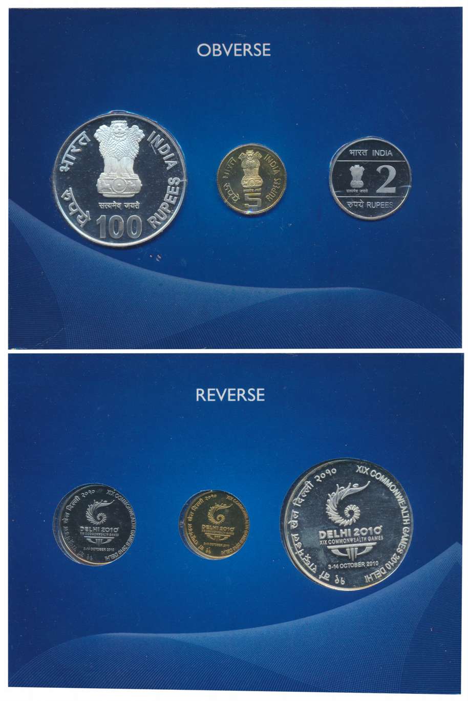 2010, Proof set of 3, “XIX Common Wealth Games 2010 Delhi”, Kolkata Mint, Rupees 100, 5 & 