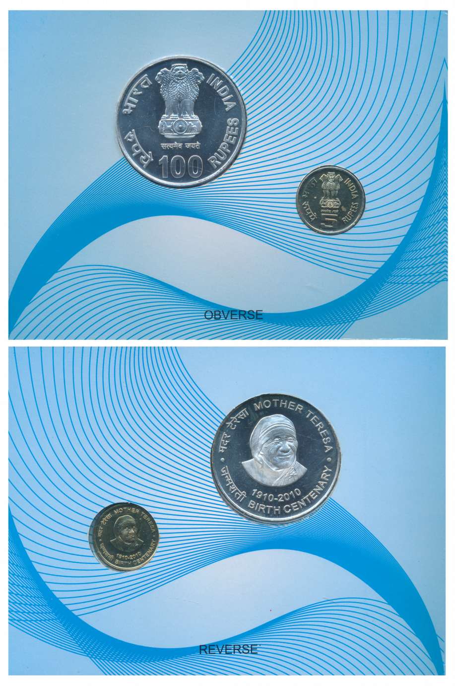 2010, Uncirculated Set of 2 coins, “Mother Teresa Birth Centenary”, Kolkata&nbsp;Mint, Rup