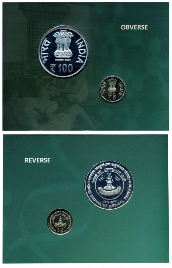 2011, Uncirculated set of 2, “Centenary of ICMR”, Mumbai Mint, Rupees 100 & 5, in blister 
