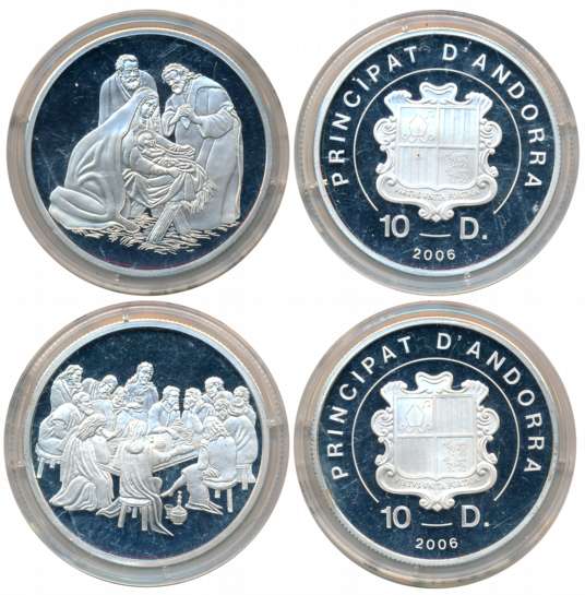 Andorra, Silver Proof 10 Dinar (2), 2006, 31.03g each, Celebrating the birth of Jesus and 