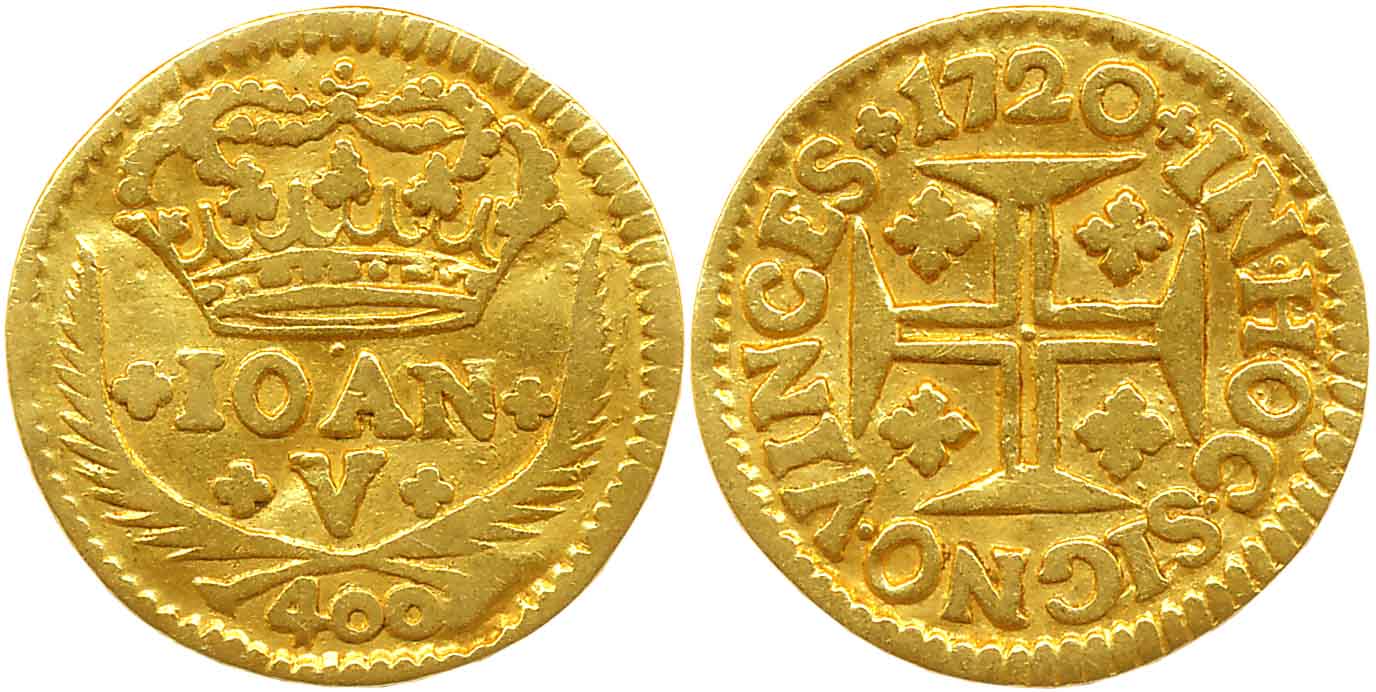 Brazil, Joao VI, Gold, 400 Reis, 0.94g, 1720, Lisbon Mint, Obv: Legend, denomination, Crow