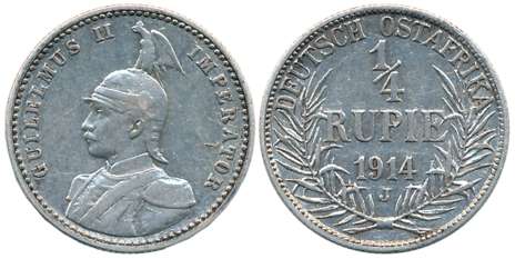 German East Africa, Wilhelm II, Silver 1/4 Rupee, 1914J (KM#8). Very Fine+.