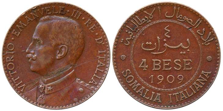 Italian Somaliland, Vittorio Emanuele III, Copper 4 Bese, 1909, Obv: Bust to left, “VITTOR